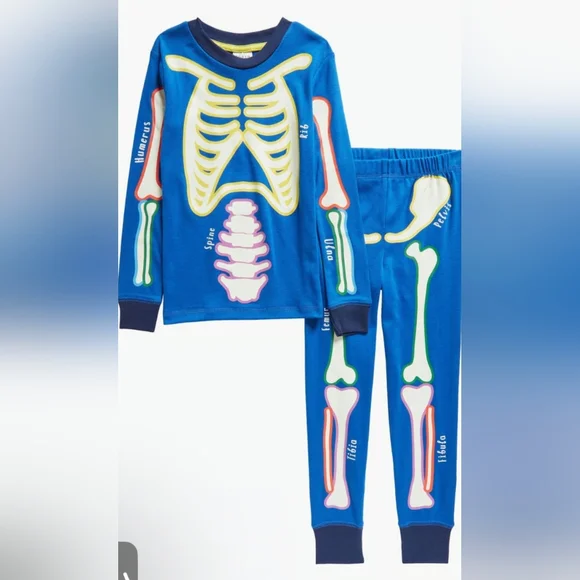 Mini Boden Kids Glow In The Dark Pajamas Set 8Y Skeleton Halloween Long John